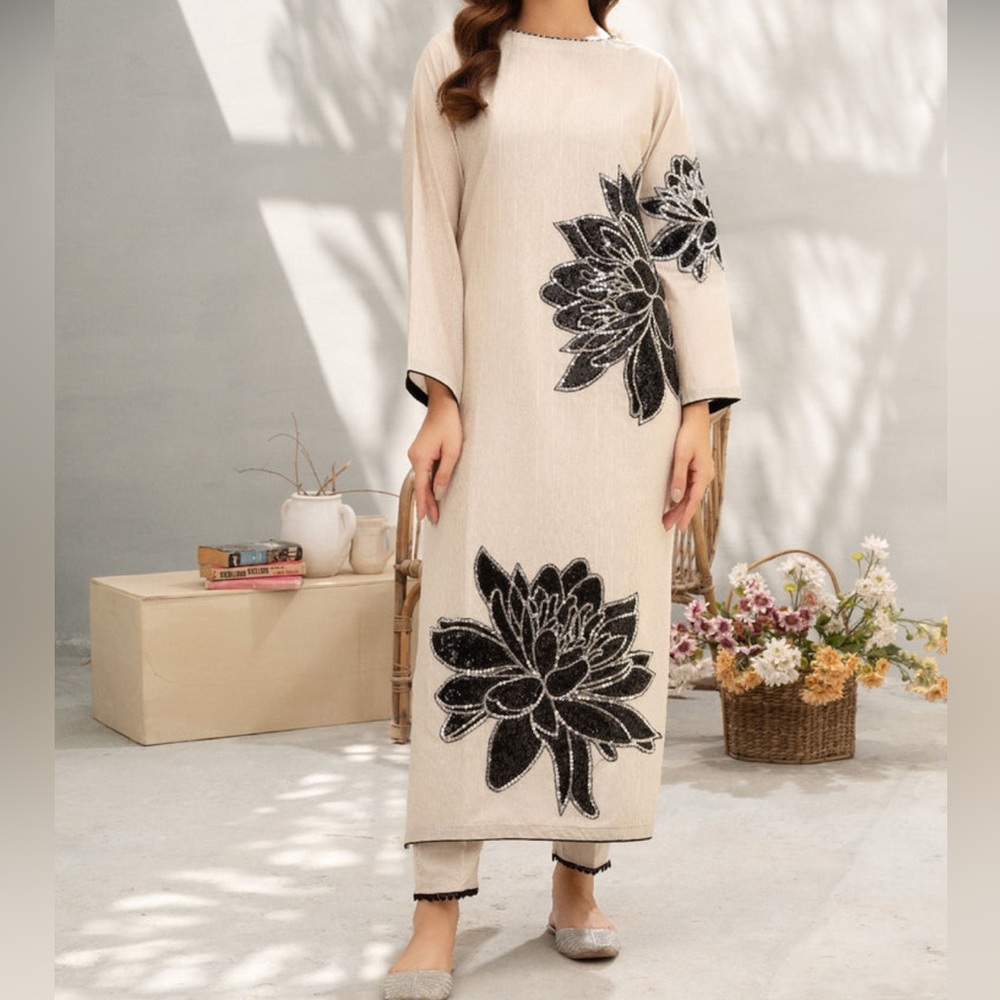 Classy Cream and Black Floral Sequined shalwar kameez kurta pant set